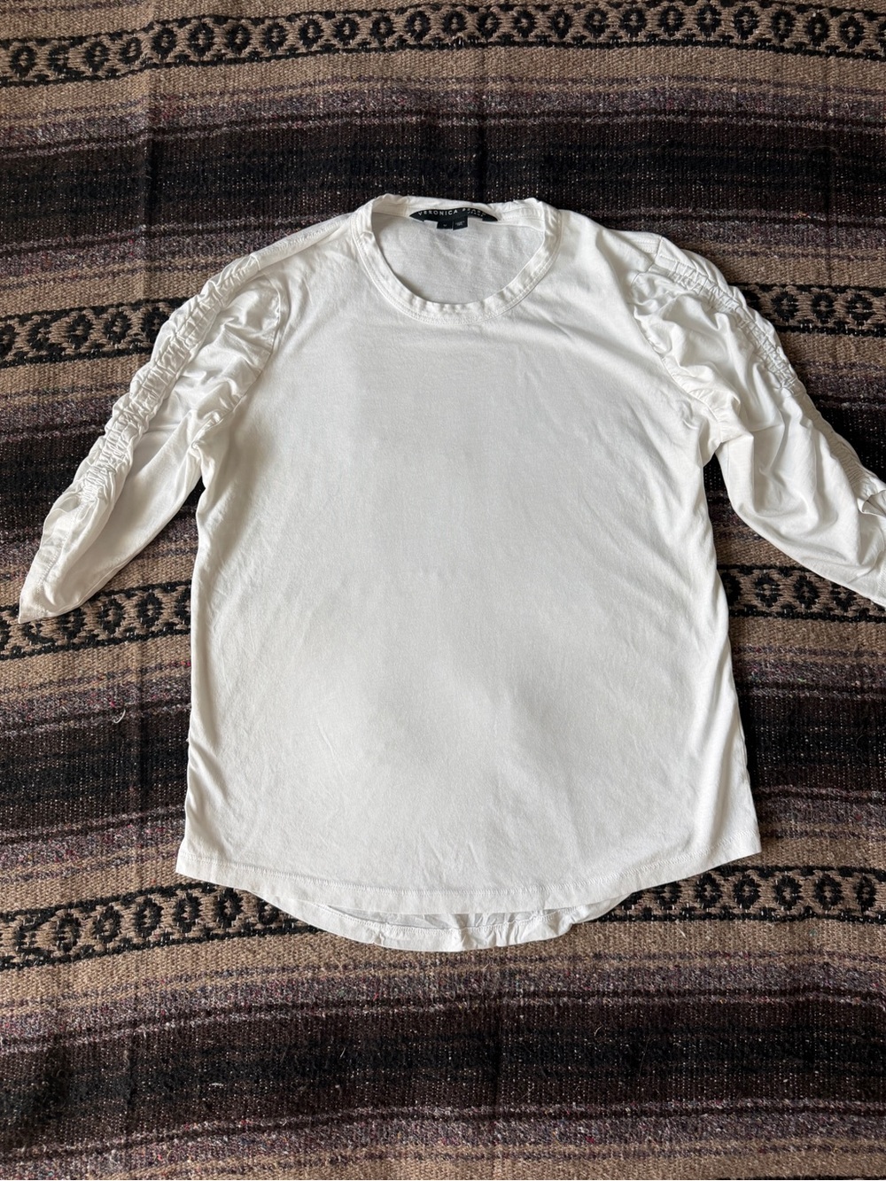 Veronica Beard White Ruched-Sleeve 3/4 Sleeve Tee